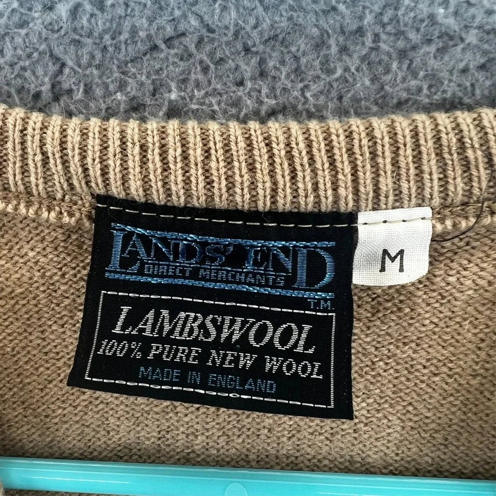 Vintage 90s‎ Lands End Sweater Vest Mens M Tan Beige Lambs Wool Made England